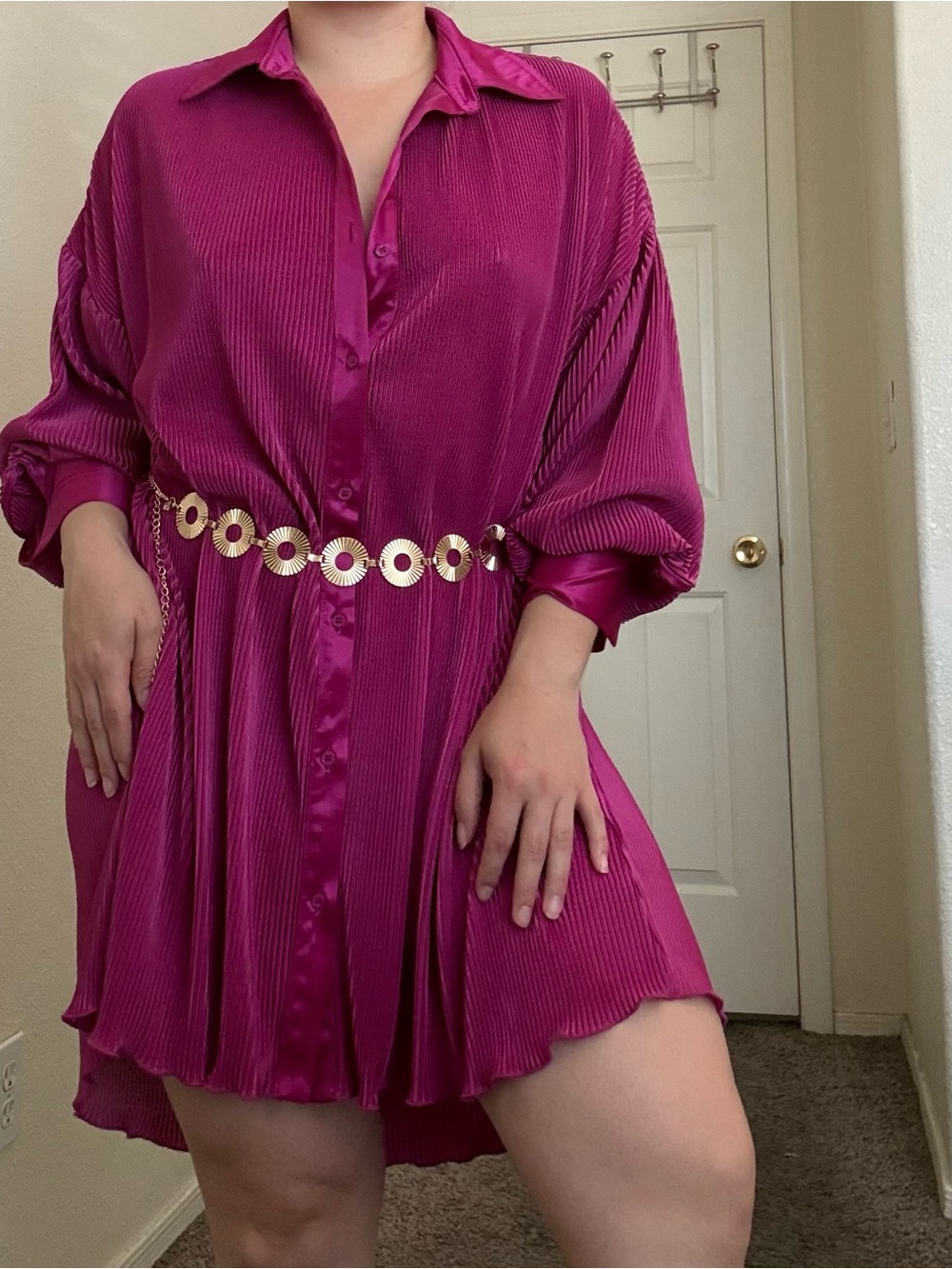 Magenta Pleated Shirt Dress with Metallic Waist Chain